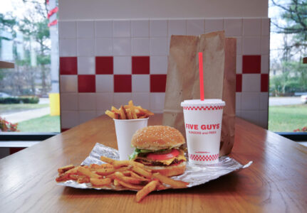 Burger, Fries, & Drink on a Table at Five Guys