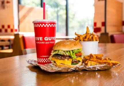 Burger, Fries, & Drink on a Table at Five Guys