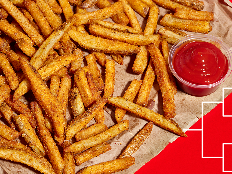 A Five Guys graphic for NCAA March Madness with fries and a cup of ketchup in the background.