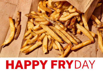 A National Fry Day graphic from Five Guys featuring a top-down photograph of Five Guys fries laid across a brown paper bag.